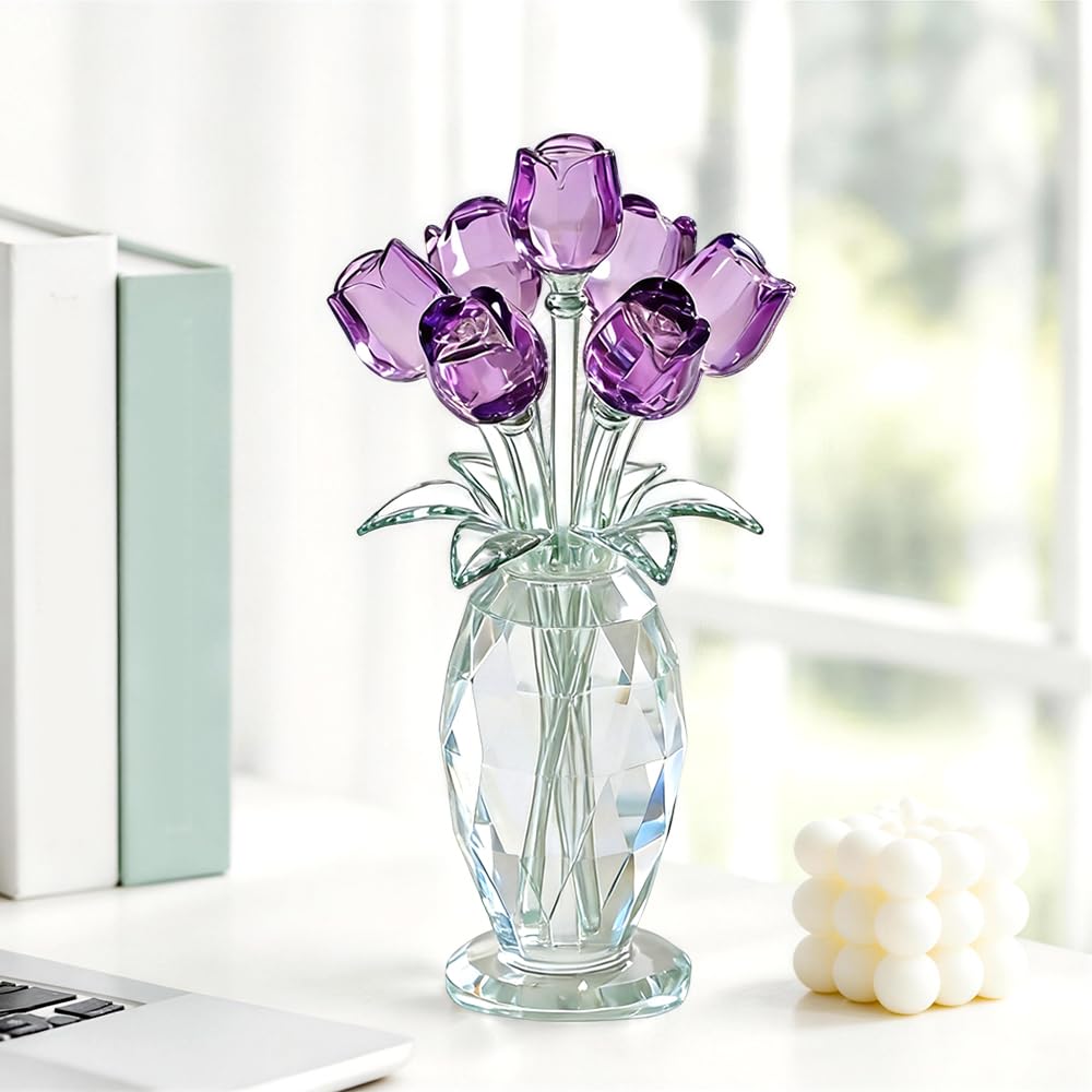 Wxeadu Purple Crystal Rose Ornament, Exquisite Crystal Rose Ornament Gifts Featuring Handcrafted Glass Flowers, Ideal As Decorative Crystal Ornaments, Glass Ornaments For Home Decor And Gifts For Wife, Girlfriend