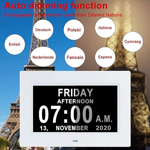 Miniatura 4 de Aowasi Reloj de demencia de 7 pulgadas para personas mayores con problemas de visión Alzheimer, calendario digital con 12 opciones de alarma, día y