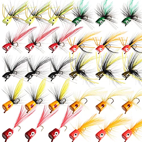 30 Pcs Fly Fishing Poppers Flies Kit, Topwater Bass Popper Lures with Hooks Colorful Freshwater Fly Popper Assortment for Bluegill Panfish Perch Crappie(Size 8,Chic Colors)