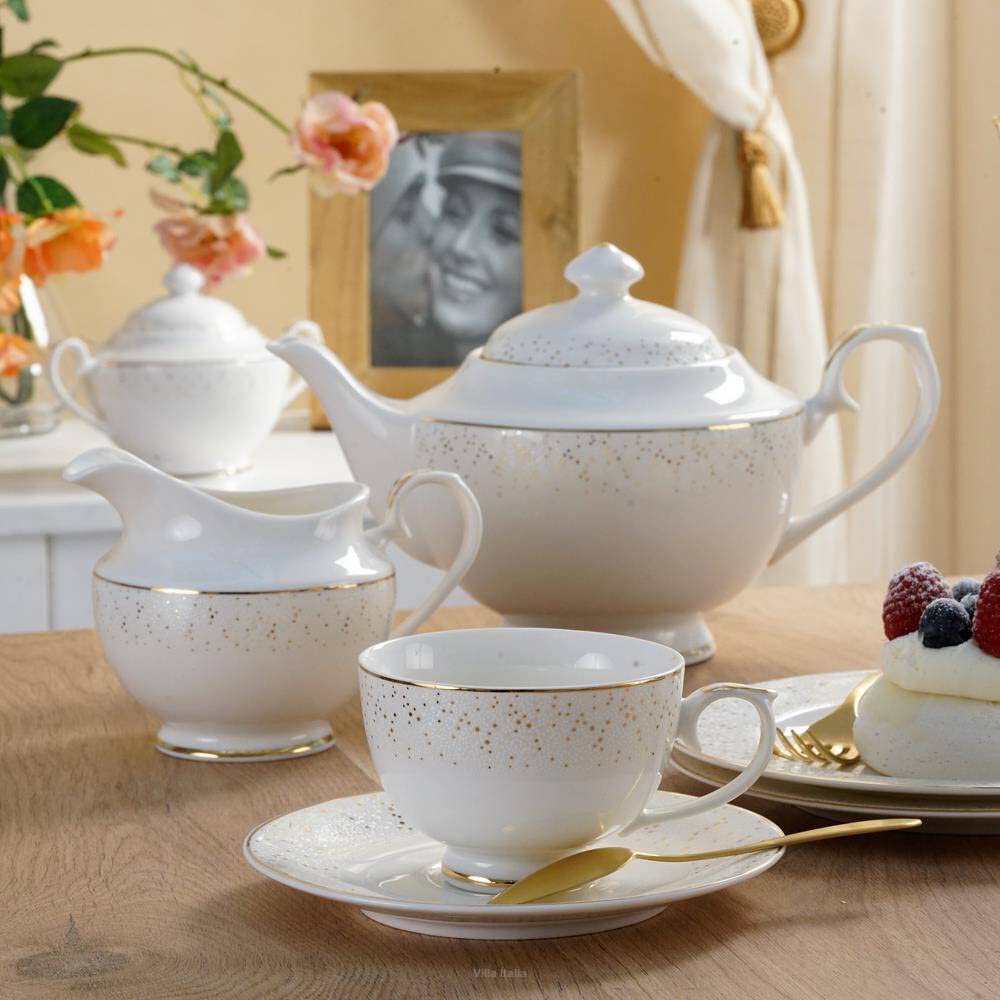 VILLA ITALIA Zestaw filiżanek do kawy Serwis kawowy porcelanowy na 12 osób 39 elementów Filiżanki ze spodkami Talerzyki deserowe Dzbanek do herbaty Cukiernica Mlecznik DIANA DS101