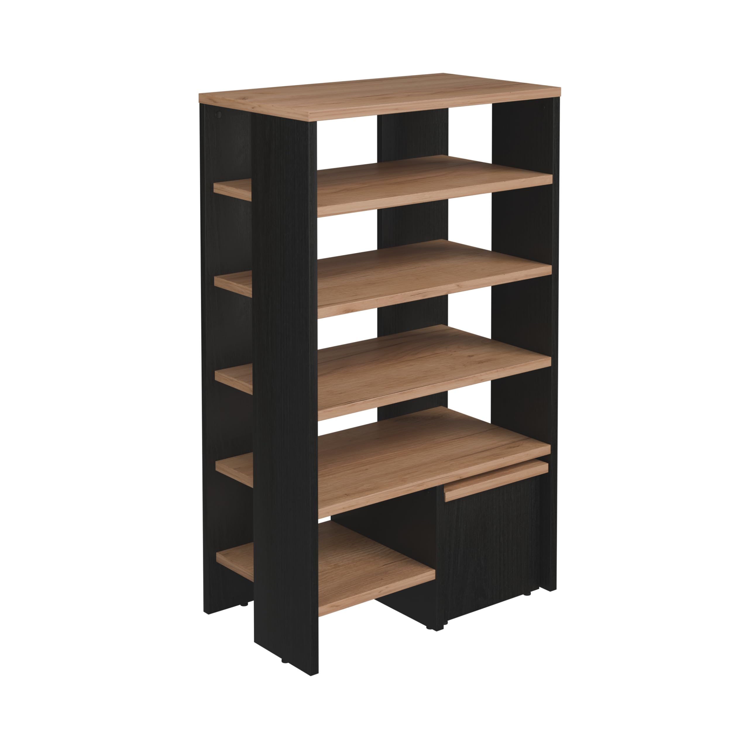 PLATAN ROOM Schuhregal mit Sitz schmal und hoch 100x60x35 cm Schuhablage mit 6 Ebenen Standregal Schuhschrank offen, Schuhablagen Flur Holz Standregal (Schwarz Matt/Eiche Gold) Küche, Haushalt & Wohnen