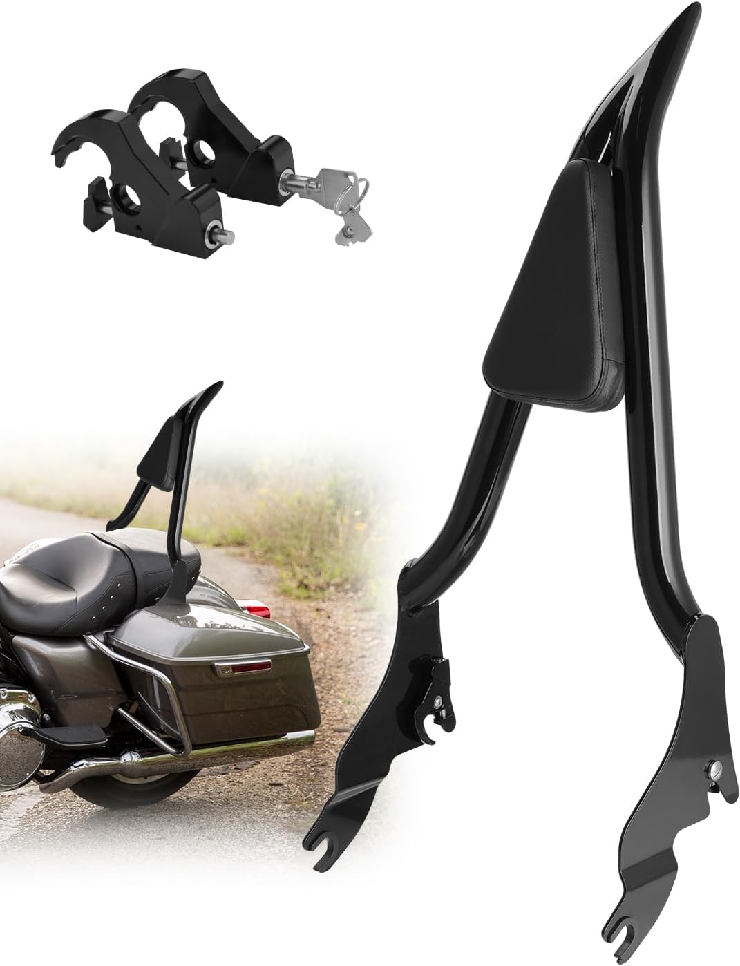 28" Motorcycle Backrest Sissy Bar Rear Passenger Backrest with Pad Locked Rotary Docking Latches Clips Keys Fit for Harley Touring Road King Road Glide Street Glide Electra Glide 2009-2025