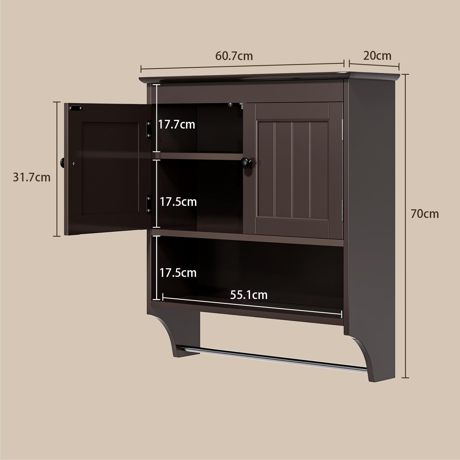 Bealife Mueble de baño suspendido, Armario Doble suspendido, Ahorra Espacio, Armario de Pared con 2 Puertas Estante Ajustable, Barra para Toallas, 19.8 x 60.5 x 69.8 cm, Blanco (marrón Oscuro)