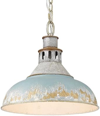 Vintage Style 1-Light Large Pendant in Aged Galvanized Steel with Rustic Antique Teal Shade 14 inches W X 13.38 inches H-Aged Galvanized Steel Finish-Antique Teal Shade Color Farmhouse Pendant
