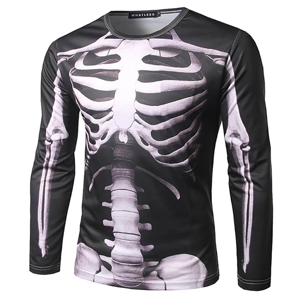 Showu Mens Halloween Costume Long Sleeve T Shirt 3D Printed Undershirt Top (Perspective Skeleton, L)