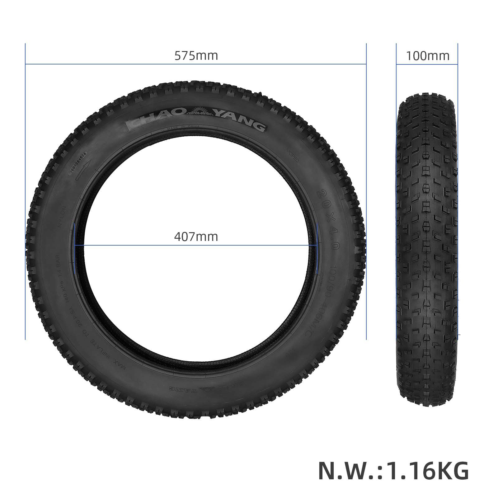 Pneu tout-terrain 20 x 4,0 (intérieur et extérieur) pour vélo électrique ENGWE L20/L20 Boost, Evercross EK30, chambre à air 20 x 4,0" pour VTT et snowbikes