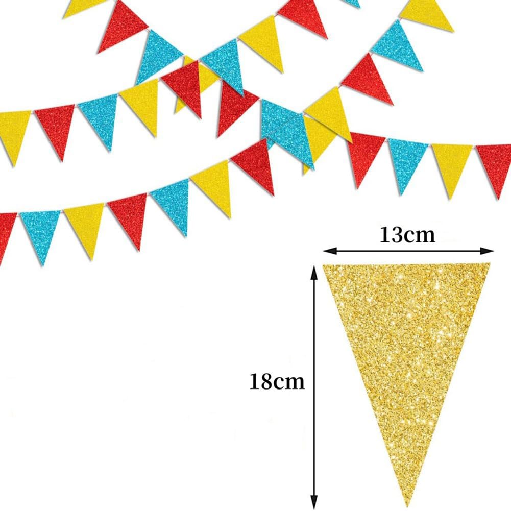 GSHLLO 4 Pcs Glitter Triangle String Banners Red Yellow Blue Pennant Banner Colorful Pennant Banner Flags Carnival Party Garland Circus Bunting Banners Decorative Paper Bunting Flags