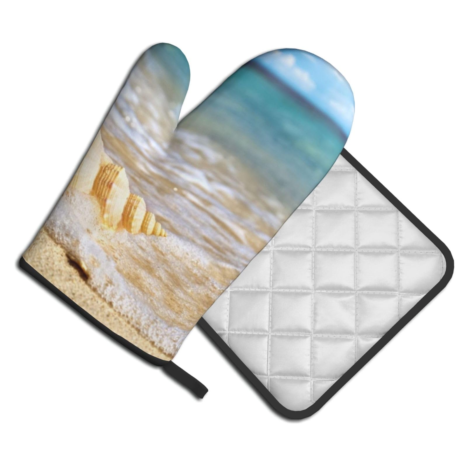Oven Mitts and Pot Holders Set of 2 Pcs, Seashell Printed Heat Resistant Kitchen Gloves Potholders for Cooking Baking Grilling