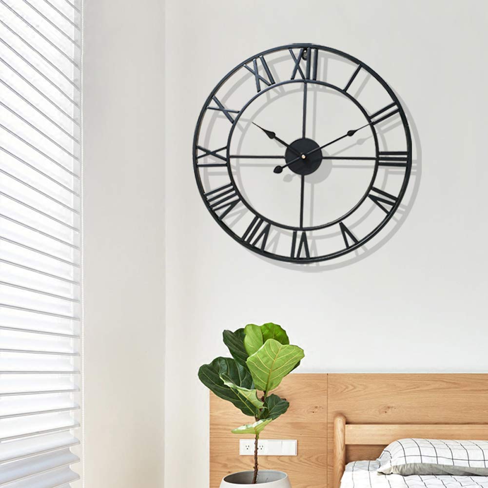 Reloj de jardín al aire libre, reloj de pared, agujas de regalo, números romanos para interiores y exteriores, metal preciso, silencioso, ornamento colgante redondo (negro)