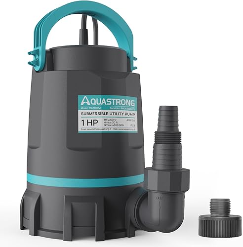 Aquastrong Bomba de sumidero de 1 HP 4500 GPH Bomba de agua sumergible termoplástica portátil bomba de alto flujo de eliminación de agua para