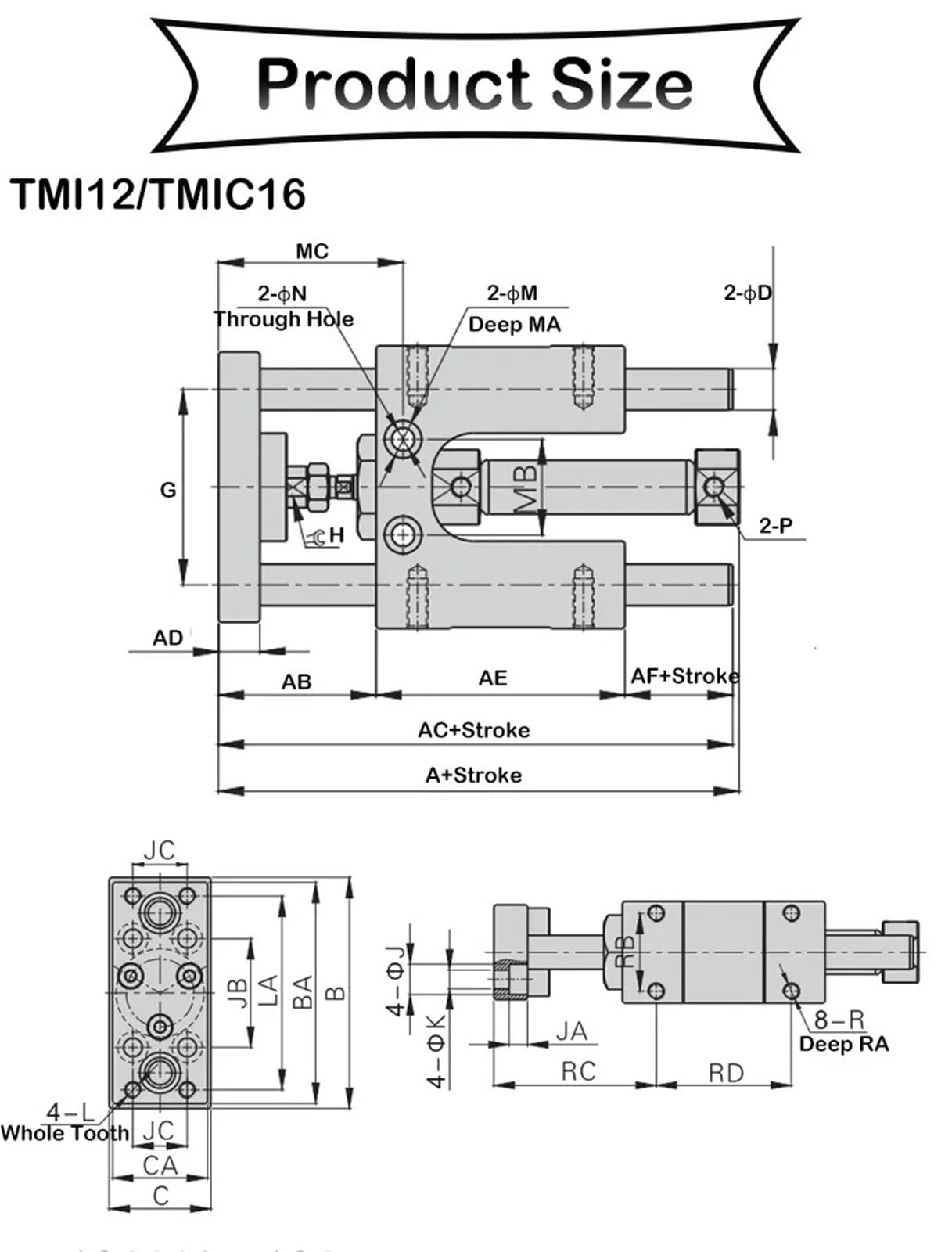 Cylinder pneumatyczny serii TMIC, trójosiowy i trzykołowy wspornik prowadzący TMICL z buforem powietrznym TMICM12/16/20/25X25X50X75S (TMICM16, Stroke 200 mm)