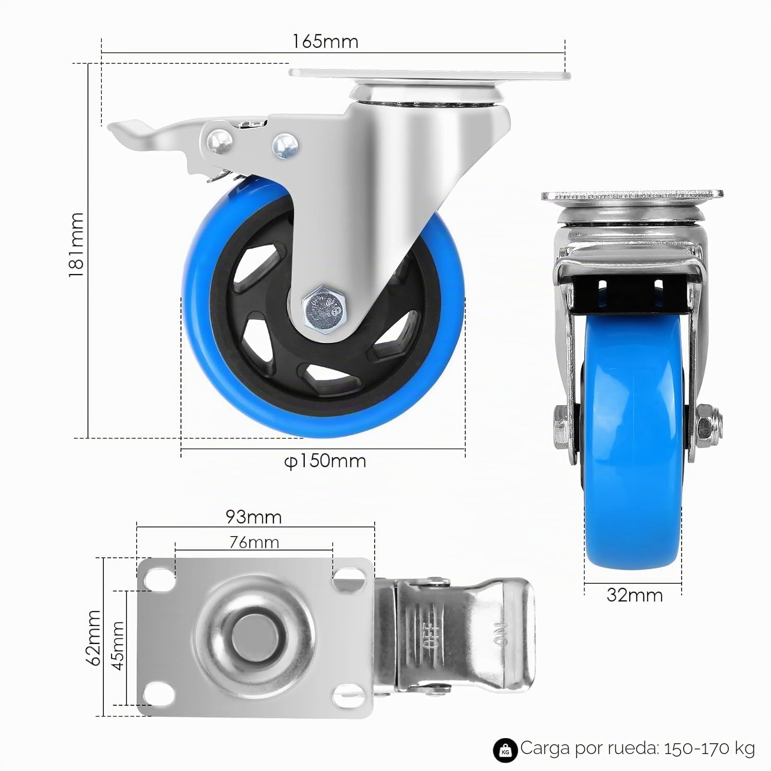 Set de 8 Ruedas Giratorias con Freno – Ruedas para Cargas Pesadas, Capacidad 1200 kg, Silenciosas y Sin Rayar, Ideales para Muebles, Mesas de Trabajo y Talleres (Azul, 100 mm)