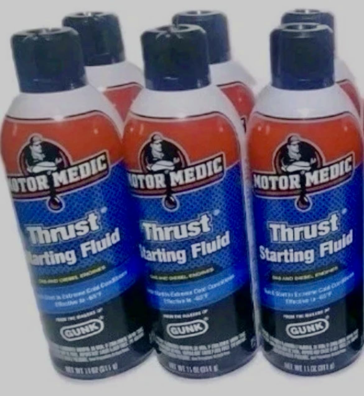 Niteo Products Motor Medic Qty X 6 M3815-6PK Thrust Starting Fluid for Gas & Diesel Engines - 11 oz., Made in The USA. Safe for Gas & Diesel Engines.
