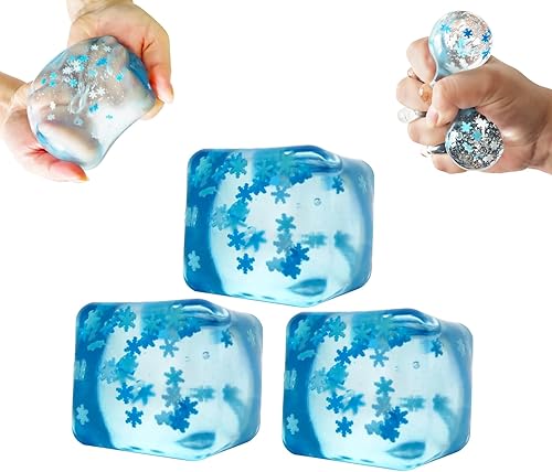 YANZHE Cubo azul, paquete de 3 bolas de hielo antiestrés con copos de nieve en el interior, juguetes sensoriales de cubo antiestrés, juguetes