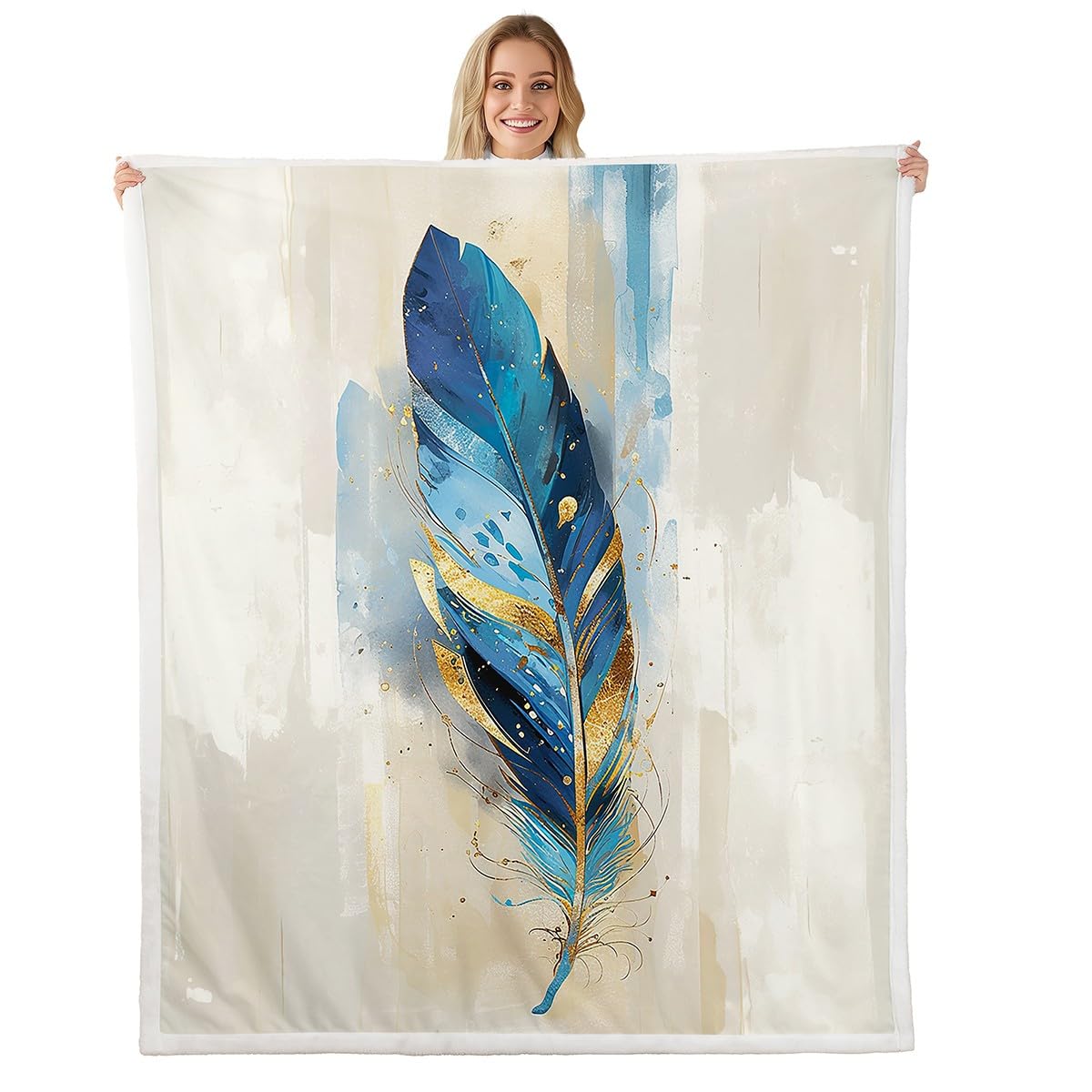 Homemissing Feather Print Fleece Throw Blanket Queen 90x90Inch For Sofa Bed Couch Adult Kids Girls Boho Style Plush Blanket Feathers Element Sherpa Blanket Bohemian Feathers Fuzzy Blanket Room Decor