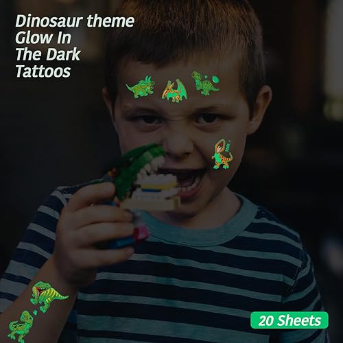 Miniatura 3 de Tatuajes de dinosaurios temporales para niños, 236 estilos de patrones luminosos de dinosaurio impermeables, calcomanías de tatuajes falsos de