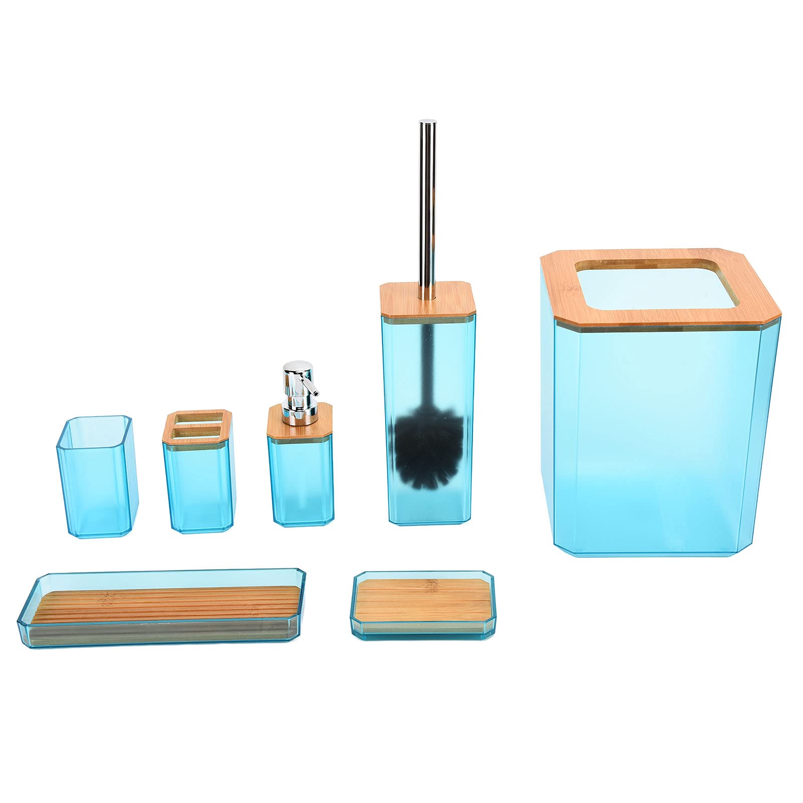 Juego De Accesorios De Baño De 7 Piezas, Juego De Baño De Madera, Soporte Para Cepillo De Dientes, Taza Para Cepillo De Dientes, Dispensador De Jabón, Jabonera, Soporte Para Cepillo De Baño (Blue)