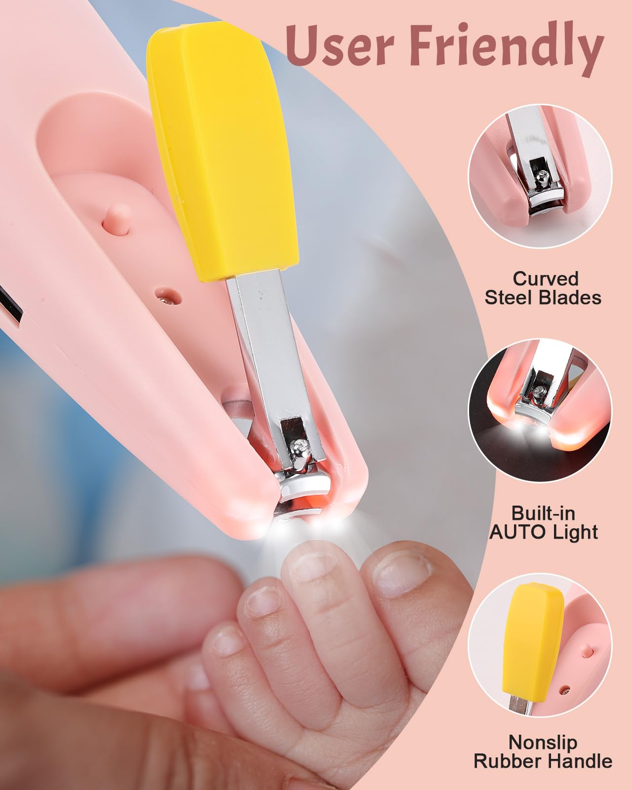 Lictin Tagliaunghie Elettrica per Neonato,Tagliaunghie 15 in 1,tagliaunghie elettrica sicura per bambini,set per manicure con 10 testina di affilatura e luci LED per neonati o adulti(Rosa)