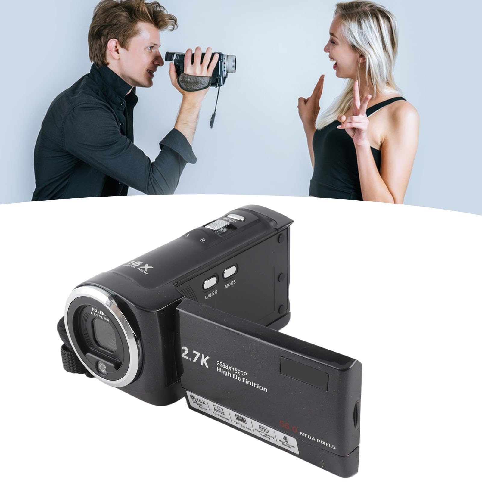 Jectse Videocamera 2,7K, Registratore con Zoom Digitale 50MP 16X, Visione Notturna IR, Touch Screen LCD da 2,8 Pollici, Videocamera per per Bambini, Adolescenti, Adulti,