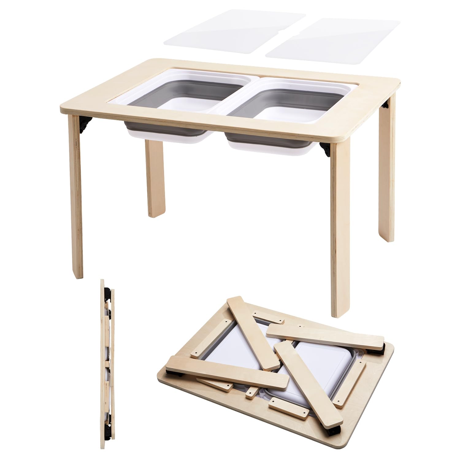 HiMummy Sensory Play Activity Table for Kids, Foldable Table for Easy Storage with 2 Collapsible Storage Bins and Acrylic Painting Board, Wooden Made