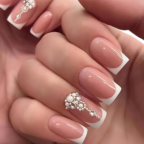Uñas postizas cuadradas medianas con diseño de diamantes de imitación, cobertura completa, reutilizables, con forma de ataúd, brillantes, uñas