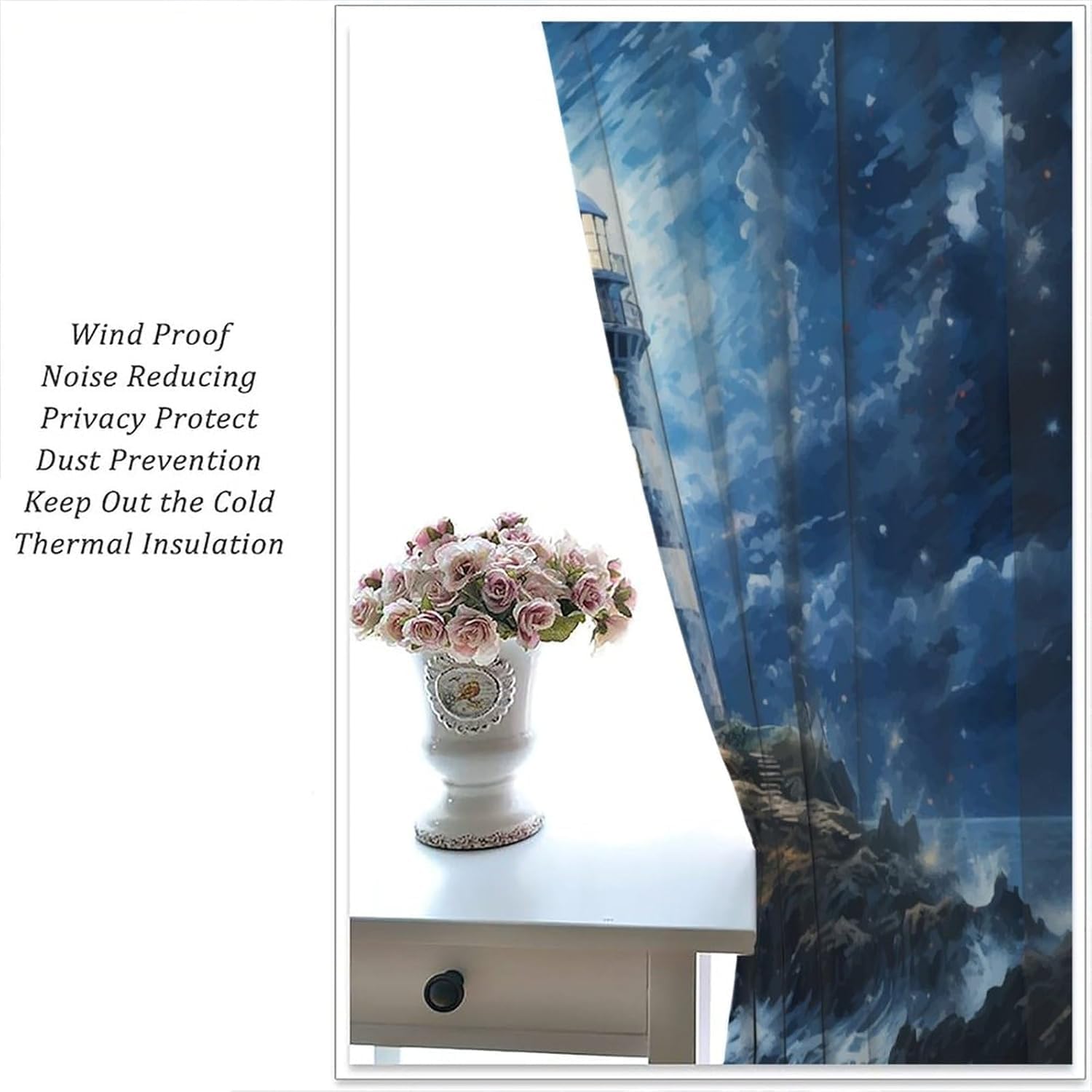 Lighthouse Curtain Beautiful Blue Starry Sky Sea Wave Lighthouse Blackout Print Rod Pocket Window Drapes for Bedroom Living Room 42x45in