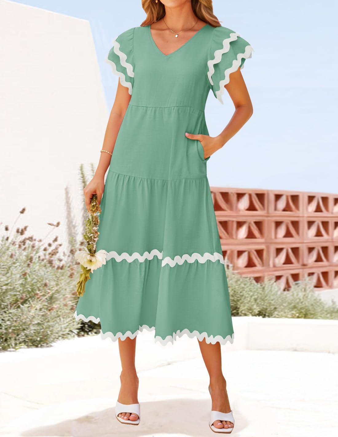 ZESICA Womens 2026 Summer Casual Midi Dresses V Neck Flutter Short Sleeve Ruffle Tiered A Line Flowy Beach Long Dress - Image 7