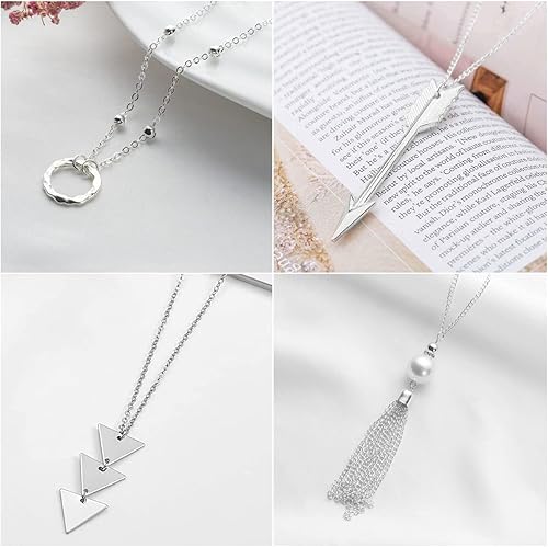 Miniatura 6 de Collares largos para mujer, collar con colgante de moda, barra de plata, círculo de plumas, cierre de hojas, borla y collar en Y, juego de joyas