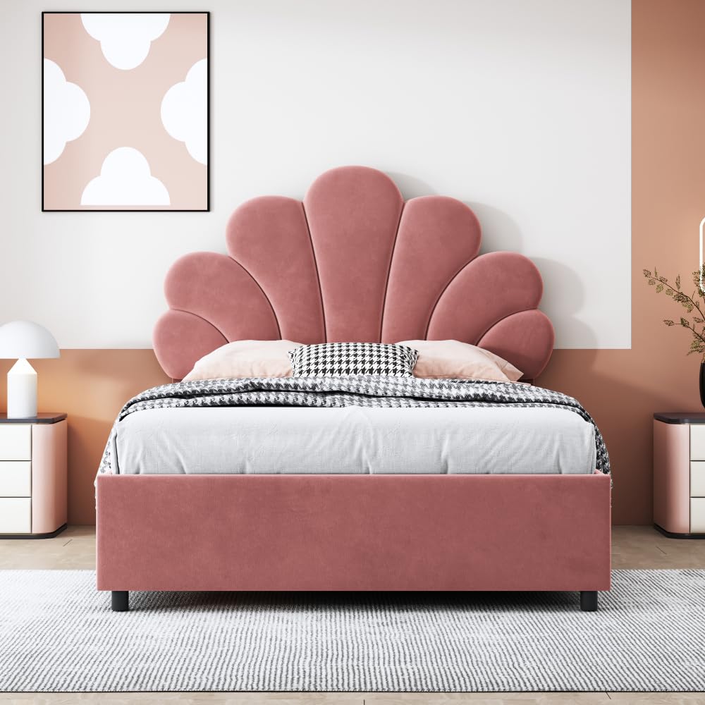 Cama acolchada de 90 x 200 cm para niños, cama con almacenamiento hidráulico, cama individual con cabecero floral y estructura de láminas y cabecero ajustable, tela de terciopelo, color rosa