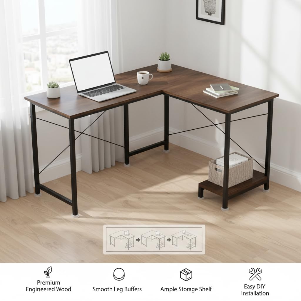 RIZIK Store L-Shaped Computer Desk | 50-Inch Corner Gaming & Study Table with Engineered Wood Top, Metal Frame & CPU Shelf | Writing Workstation for Bedroom, Office & Small Rooms (Brown) — Amazon image 3