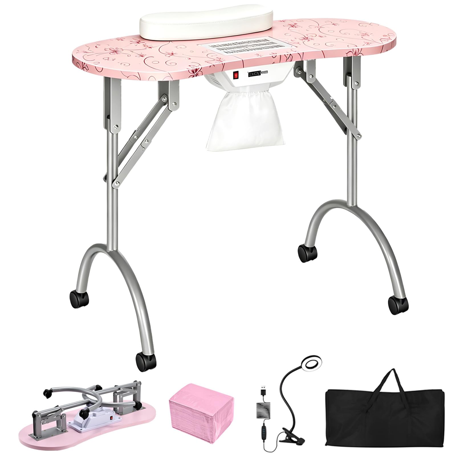 Tavolo per Manicure Portatile, postazione per Salone, scrivania Pieghevole per Unghie (Rosa con Fantasia e Sistema di aspirazione della Polvere)