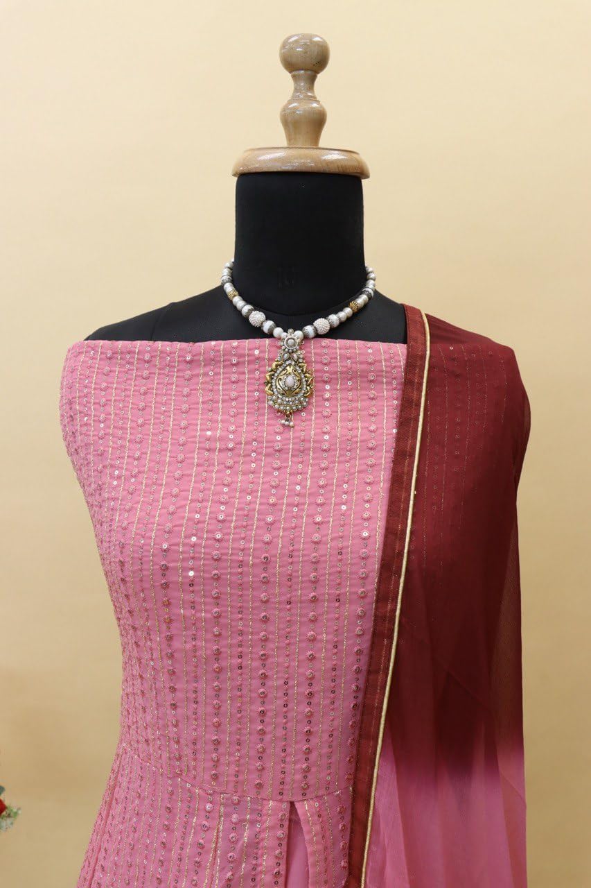 RUDRAPRAYAG Georgette and Santoon Anarkali Long Gown for Women | Semi Stitched Anarkali Gown for Women | Gown in Clothing & Accessories Pink_Free Size 1