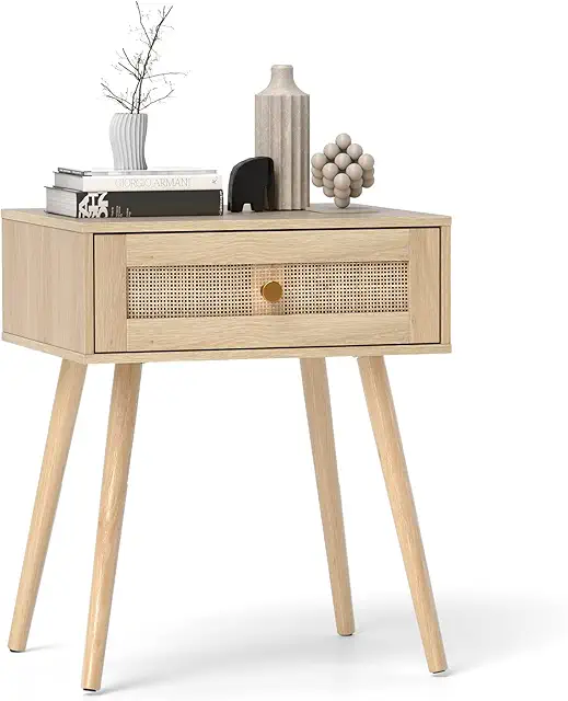 Boho Rattan Bedside Cabinet with Drawer - Solid Wood Side Table for Bedroom & Living Room