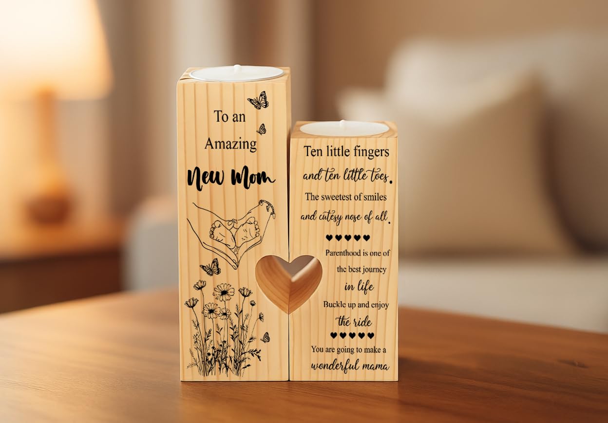New Mom Gifts – Wooden Candle Holder with Poem – Gift for New Mom After Birth, Postpartum Gifts, Pregnancy Gifts for Expecting Mom, Push Presents, First Time Mom Gift