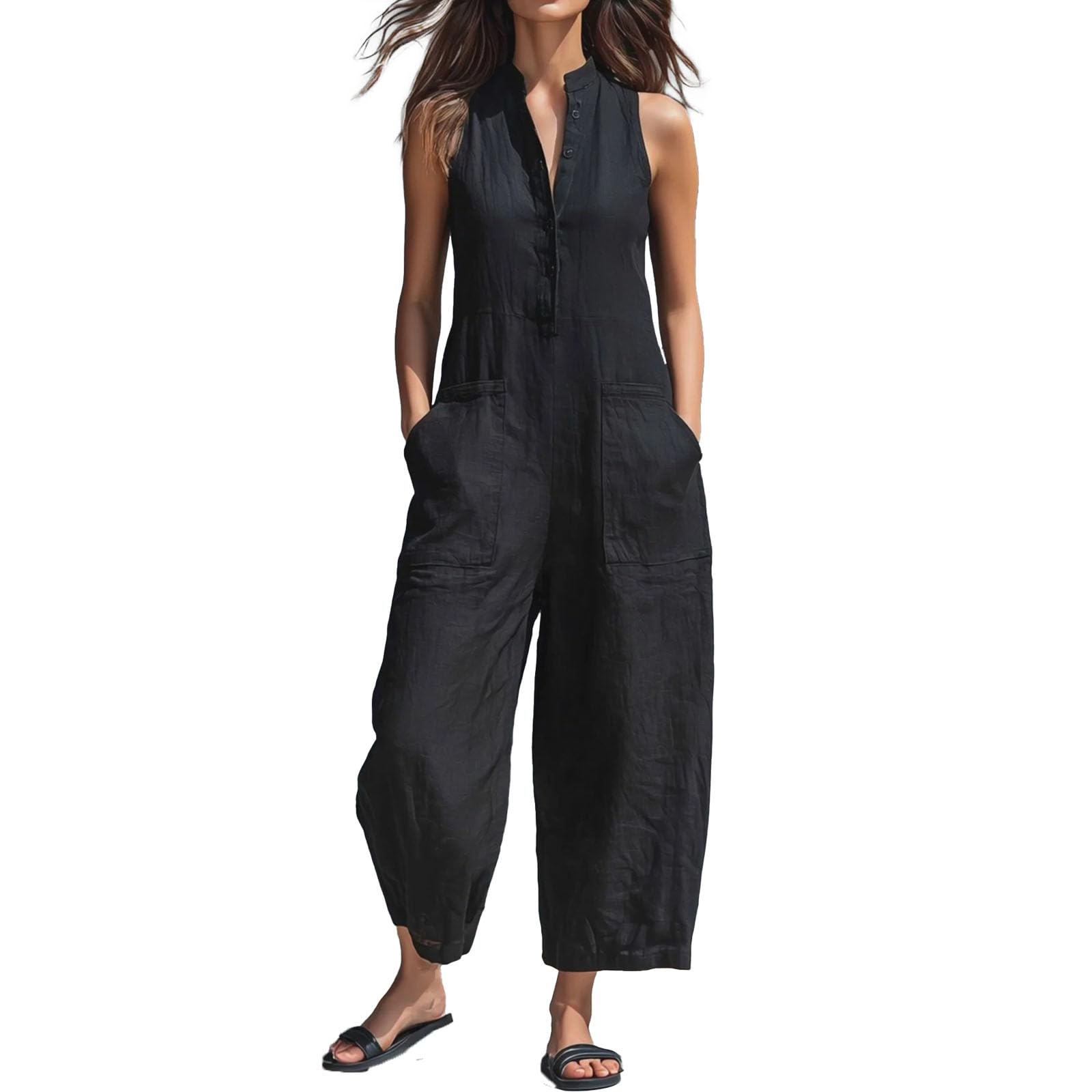 Damen-Jumpsuit aus Leinenmischgewebe mit Stehkragen, Knopfleiste, ärmellos, locker geschnitten, weites Bein und Taschen