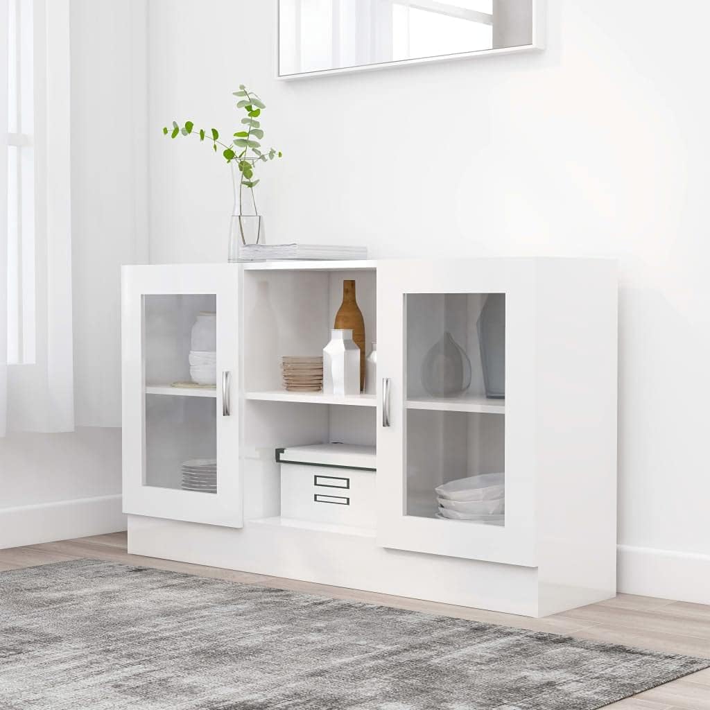 Modern White High Gloss Sideboard Buffet Cabinet, 2 Doors & Open Storage, Stylish Living Room Furniture with Glass Door, Elegant Home Storage Solution