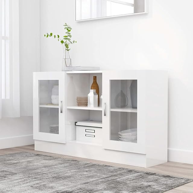 Hallway Cupboard Side Cabinet with Compartments for Decorative Objects, Photo Frames, Vitrine Cabinet High Gloss White 110X10.5X70 Cm Chipboard