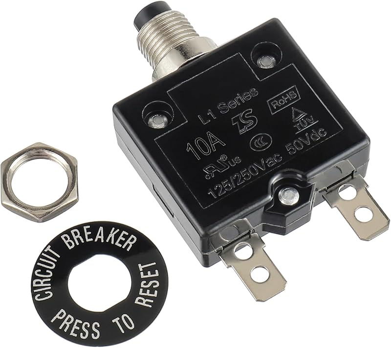10 Amp Push Button Circuit Breaker 125-250V AC 50V DC | L1 Series Manual Reset Thermal Circuit Breaker 10A Thermal Overload Protector