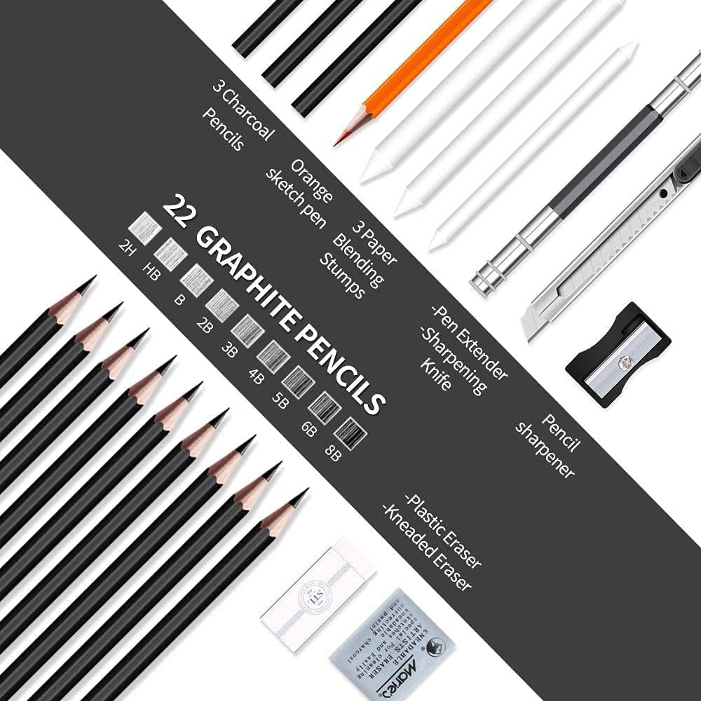SYGA Sketch Pencil Set, 30 Pieces Charcoal Pen Eraser Pencil Set, Craft Knife, Canvas Roll Up Pencil Extender, Professional Art Carrying Bag for Beginner Artists 2