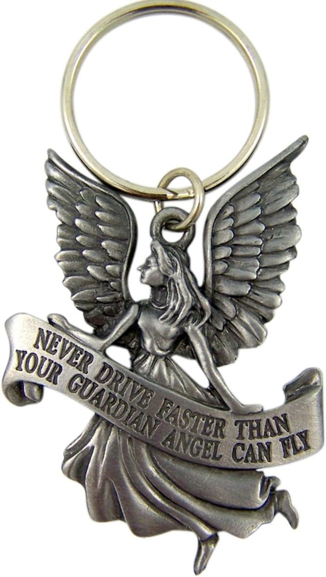Fine Pewter Never Drive Faster than Your Guardian Angel Can Fly Key Chain, 2 1/4 Inch