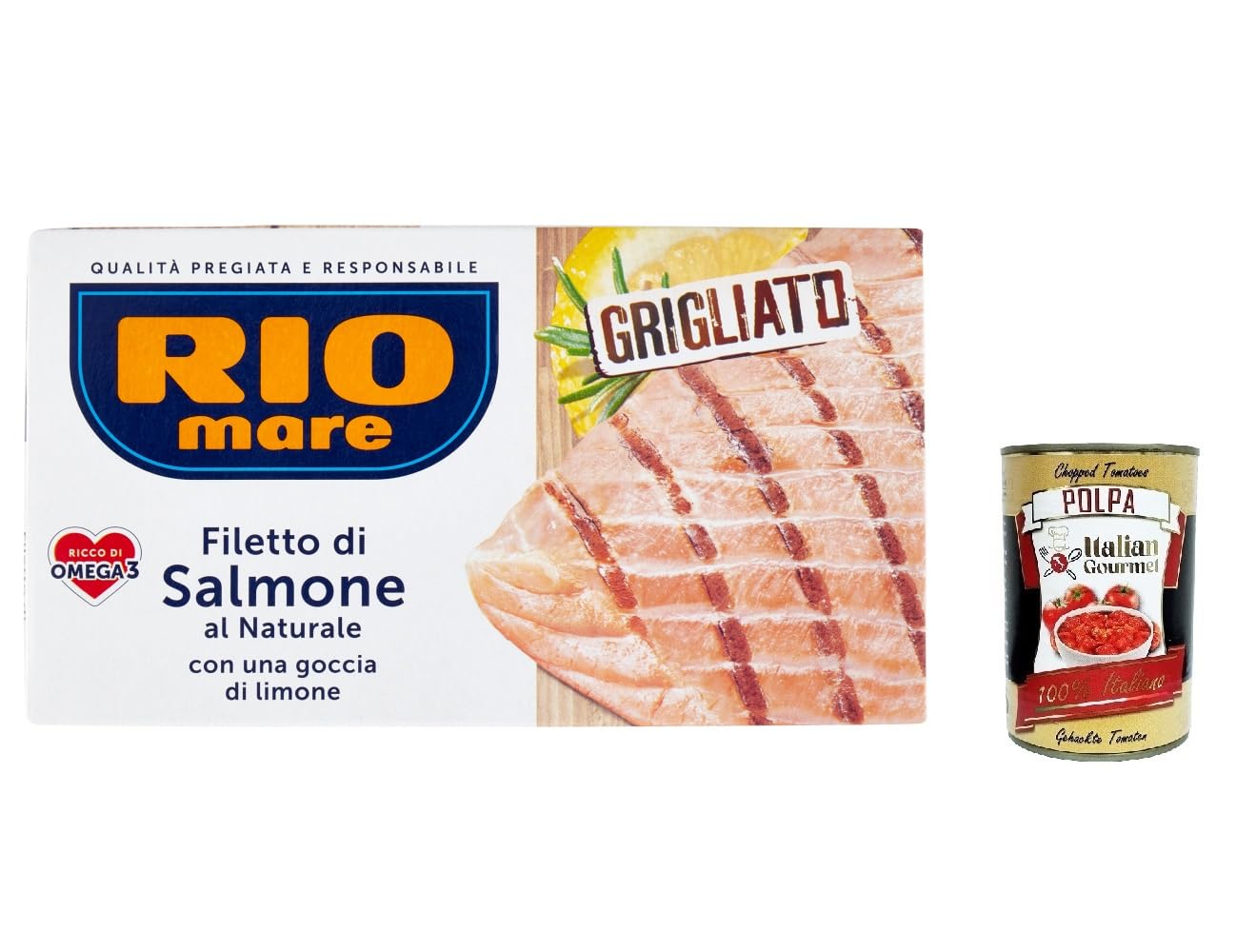Italian Gourmet filetto di salmone naturale gegrillte Zitrone 12 x 125g | Conserva di pesce pronta, mit feiner Zitrusnote, proteinreich für Salate, Gesamtnettogewicht 1,5 kg + Kostenlos Polpa 400g