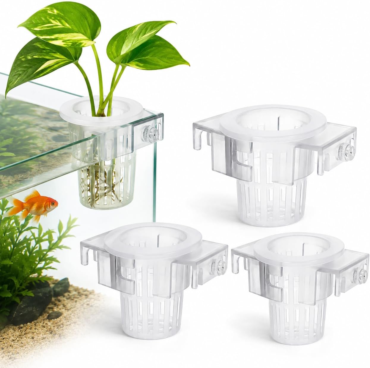 Hanging Aquarium Plant Holder Cup with Suction Cups 4-Pack Aquatic Plant Basket for Fish Hydroponic Planter for Aquatic Cultivation and Aquarium Decoration