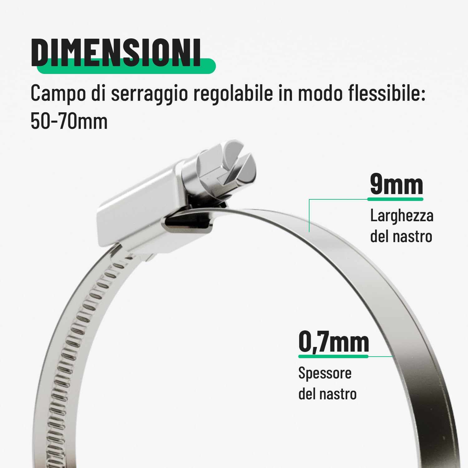 greate 50x fascette stringitubo acciaio inox 50-70 mm - fascette a vite regolabile con larghezza banda 9 mm - per piscina, stagno, lavatrice e altro
