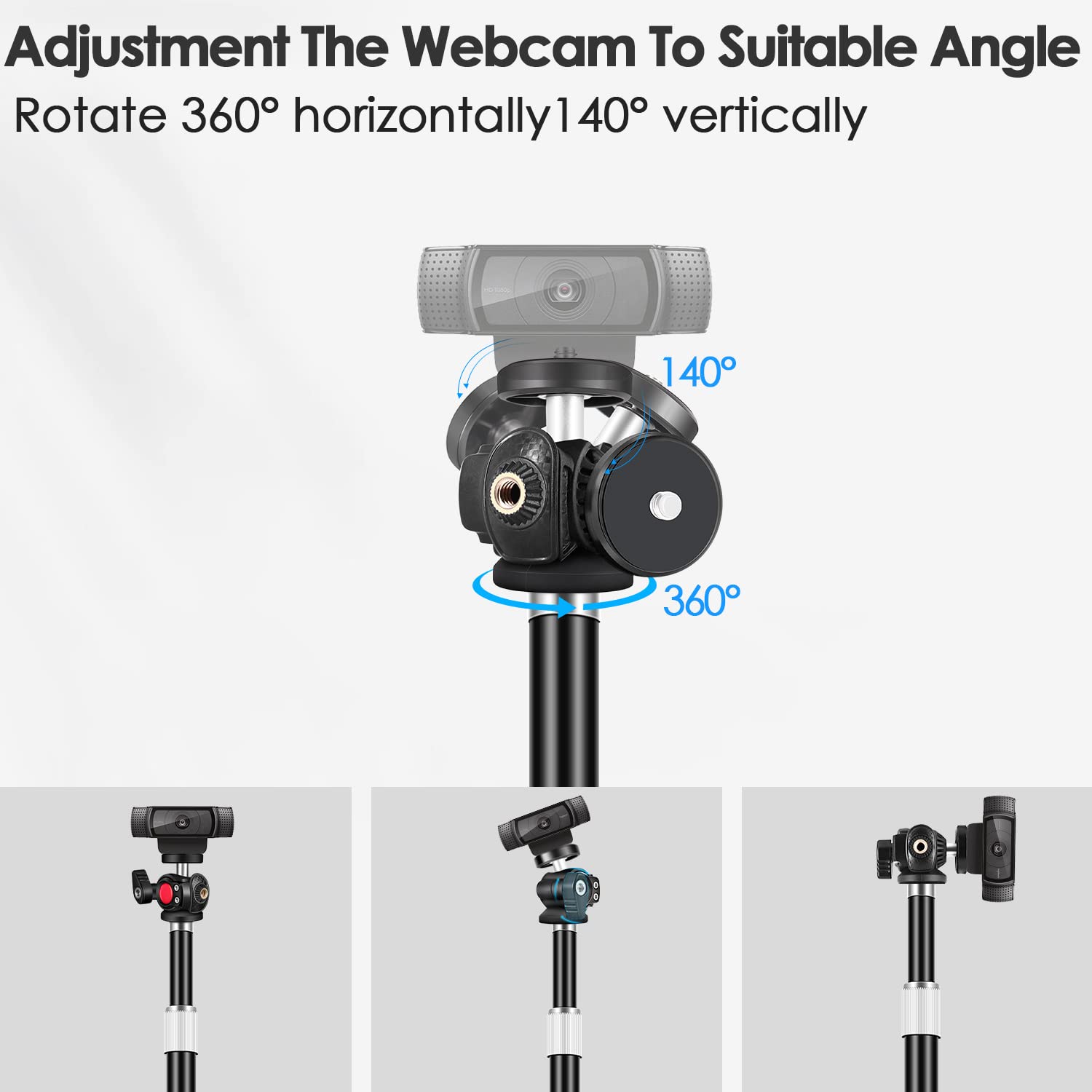 Support de webcam pour bureau avec base en métal robuste pour webcam Logitech Brio 4K C920 C920X C920S C922 C922X C925E C930E C930 C615, GoPro Hero 8/7/6/5 et autres appareils avec filetage
