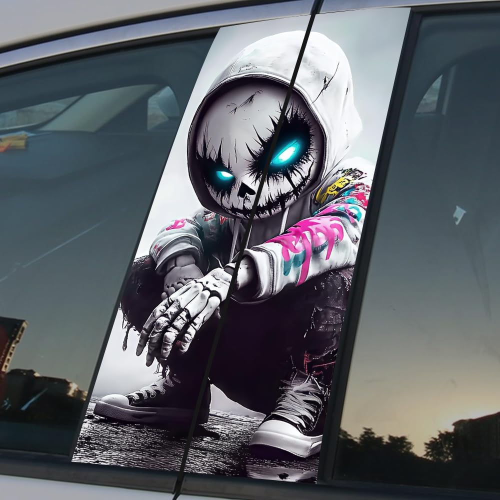 1 Pair Halloween Themed Car B-Pillar Decals, Horror Waterproof Vinyl Car Center Pillar Stickers, Skull Faced Child Car Window Door Sticker Decal 11" x 18.9" (Side) - Image 5