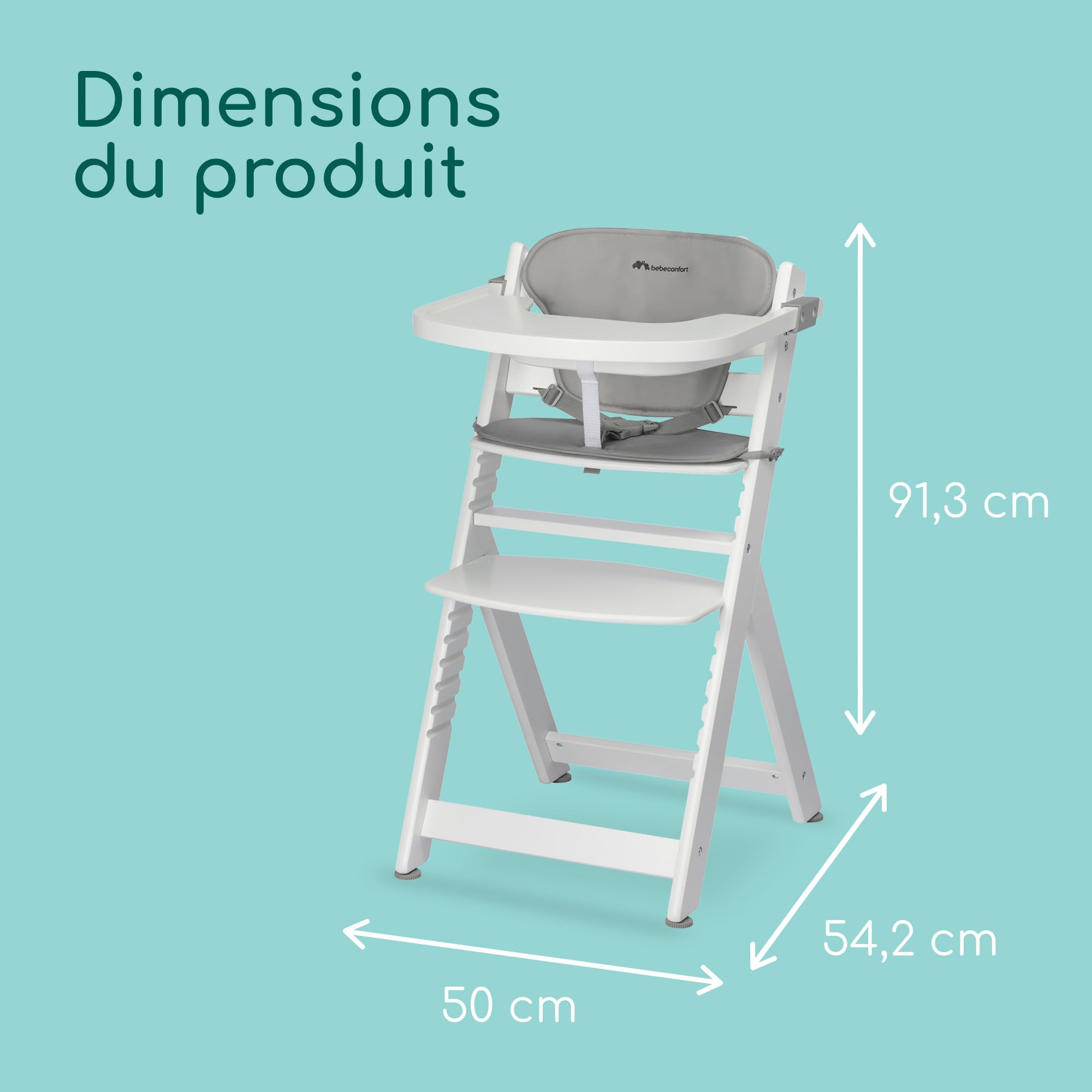Bebeconfort Timba + Coussin, Chaise Haute Bébé Evolutive, 6 Mois - 99 Ans, Jusqu'à 110 kg, Plateau Amovible, Assise/Repose-pieds Réglables, Compatible avec Timba Baby, White + Gray Mist