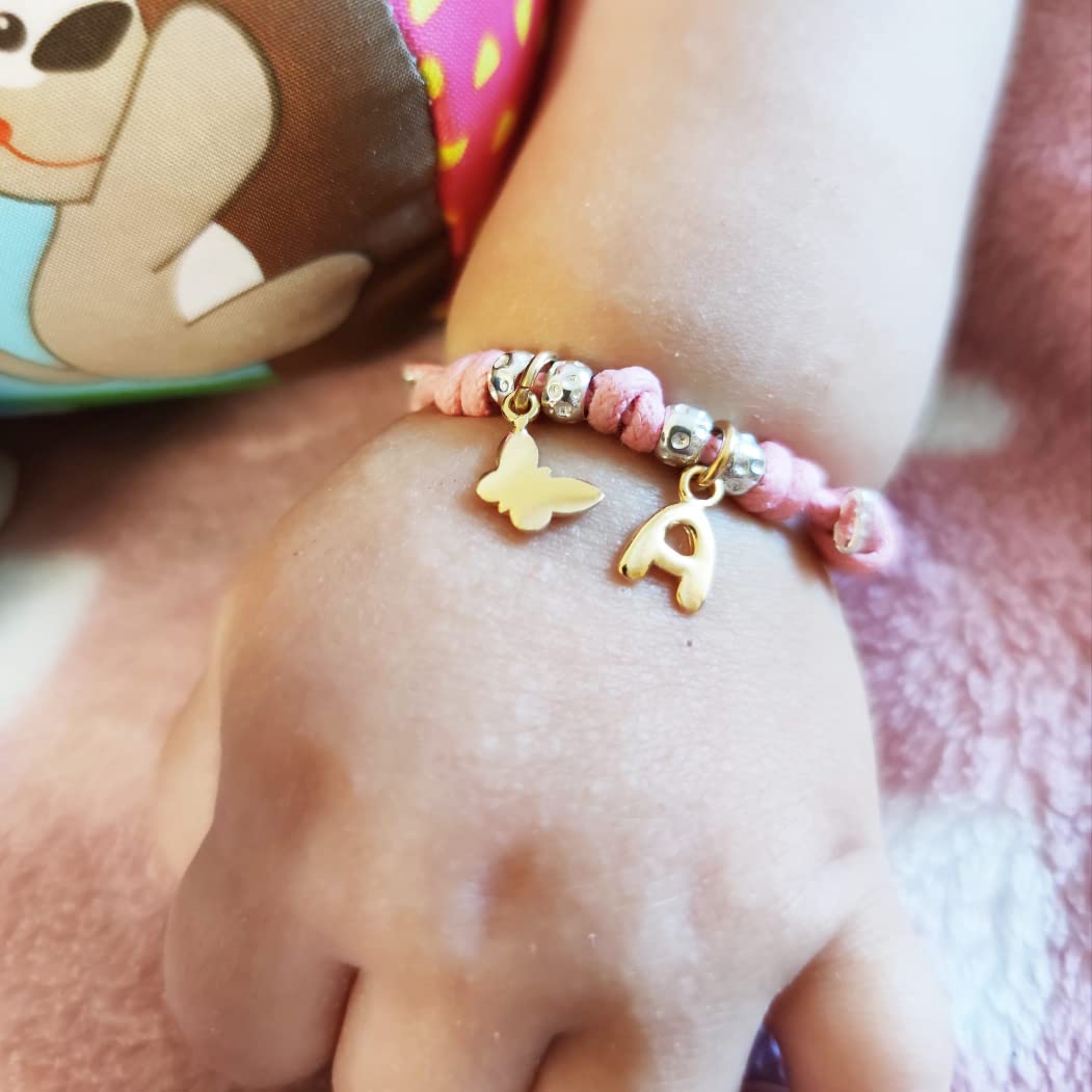 bracciale cordino rosa con ciondoli farfalla e lettera iniziale nome, in argento 925. Regalo bambina per nascita, battesimo, primi compleanni, comunione