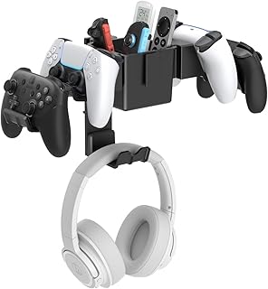 KDD Controller Wall Mount & Headset Holder, Universal Gaming Organizer Stand with Storage Box, Fits Xbox Series X/S, PS4, PS5, Switch, Steam, Gamepad Hanger for Headphones & Accessories