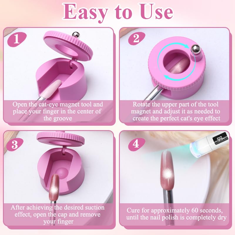 Rotating Cat Eye Magnet for Nail Polish, 360°Automatic Cat Eye Magnet Tool with Strong Magnet for Cat Eye Gel, Glass Bead Nail Magnet, Magnetic Nail Tool for DIY Nail Art & Salon Use (Pink)