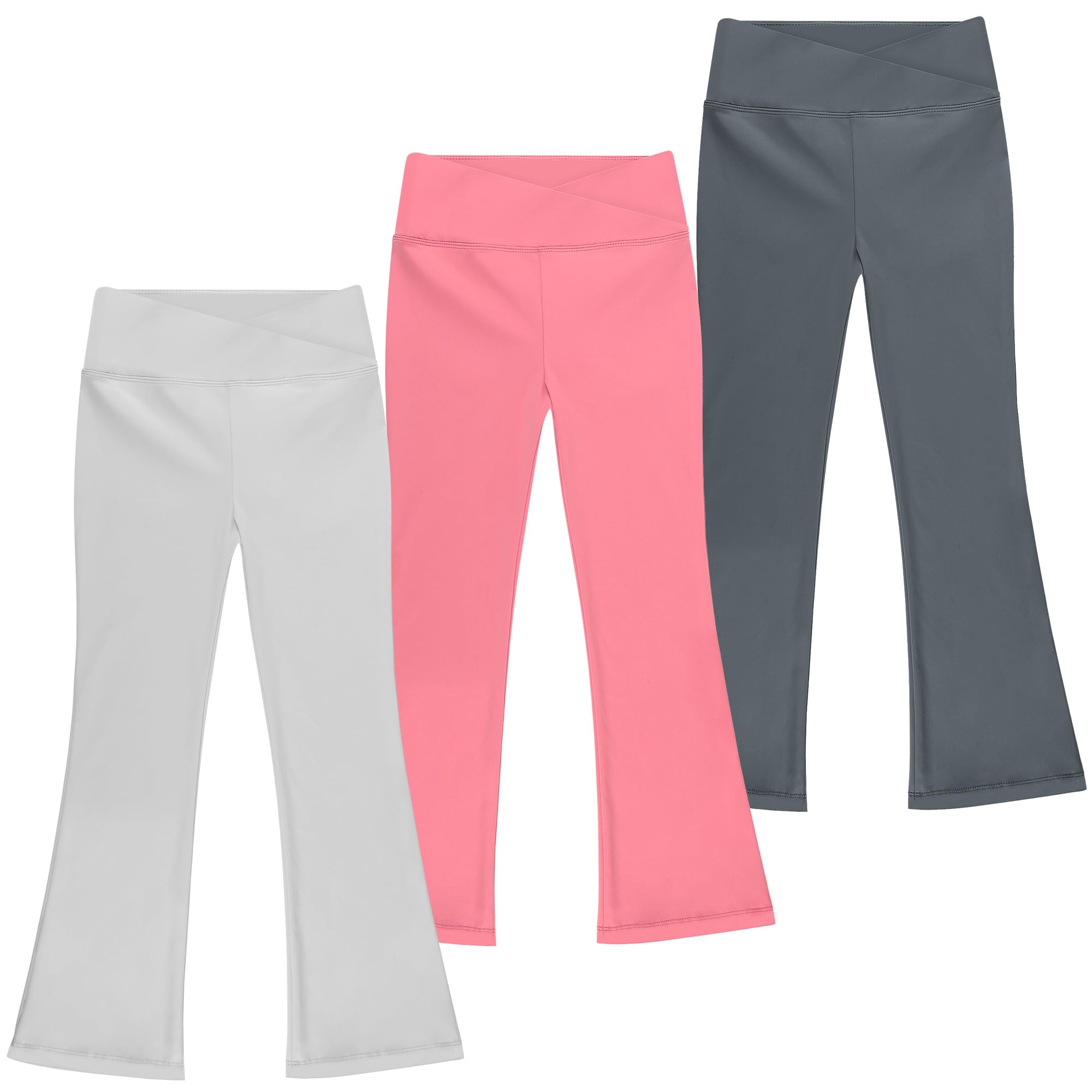 BIG ELEPHANT Girls Flare Leggings with Pockets, Crossover High Waist Bell Bottom Yoga Pants for Dance & Everyday Wear